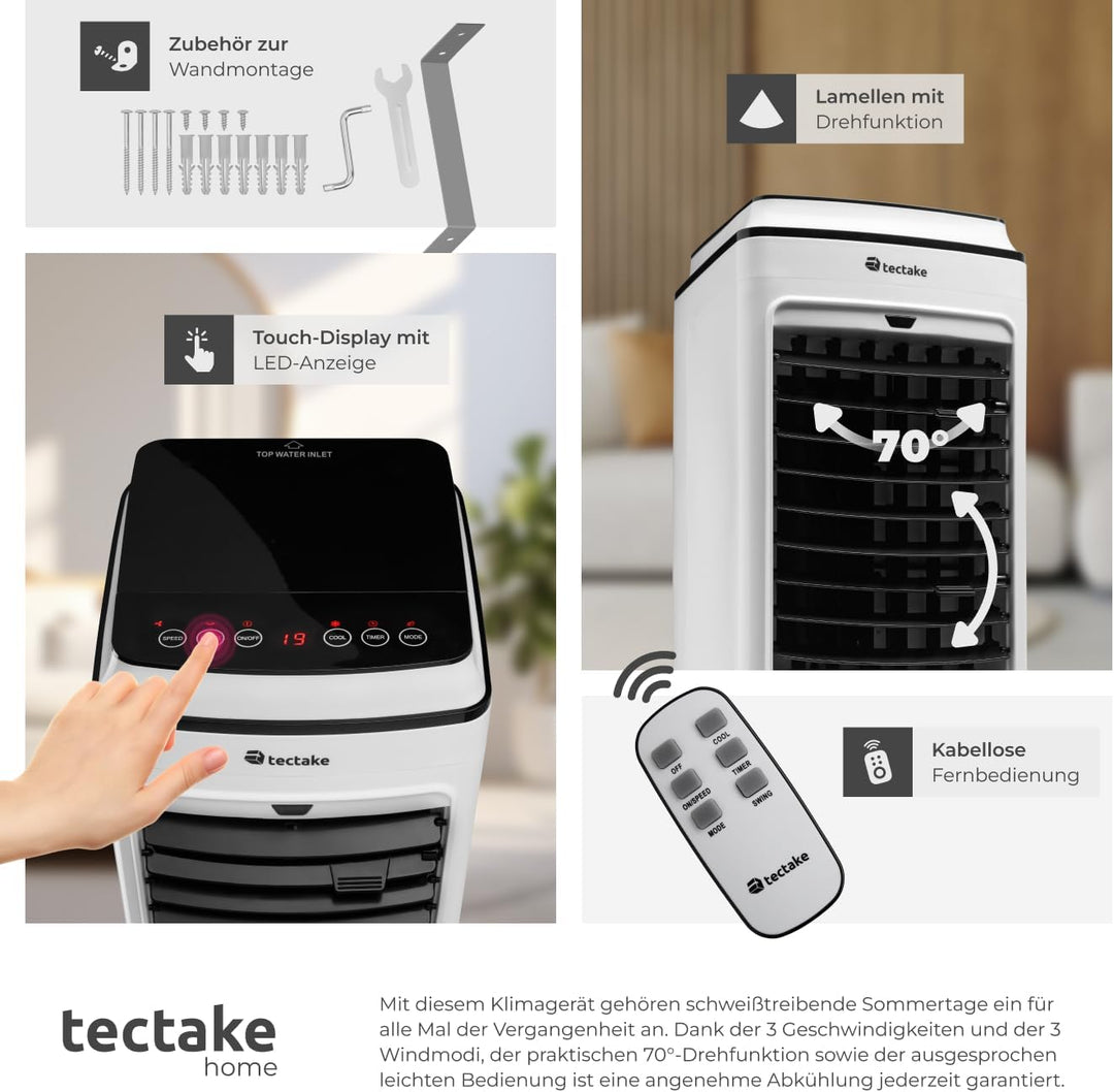 tectake® Mobiles Klimagerät 3in1, Ventilator, Air Conditioner ohne Abluftschlauch, mobiler Luftkühle
