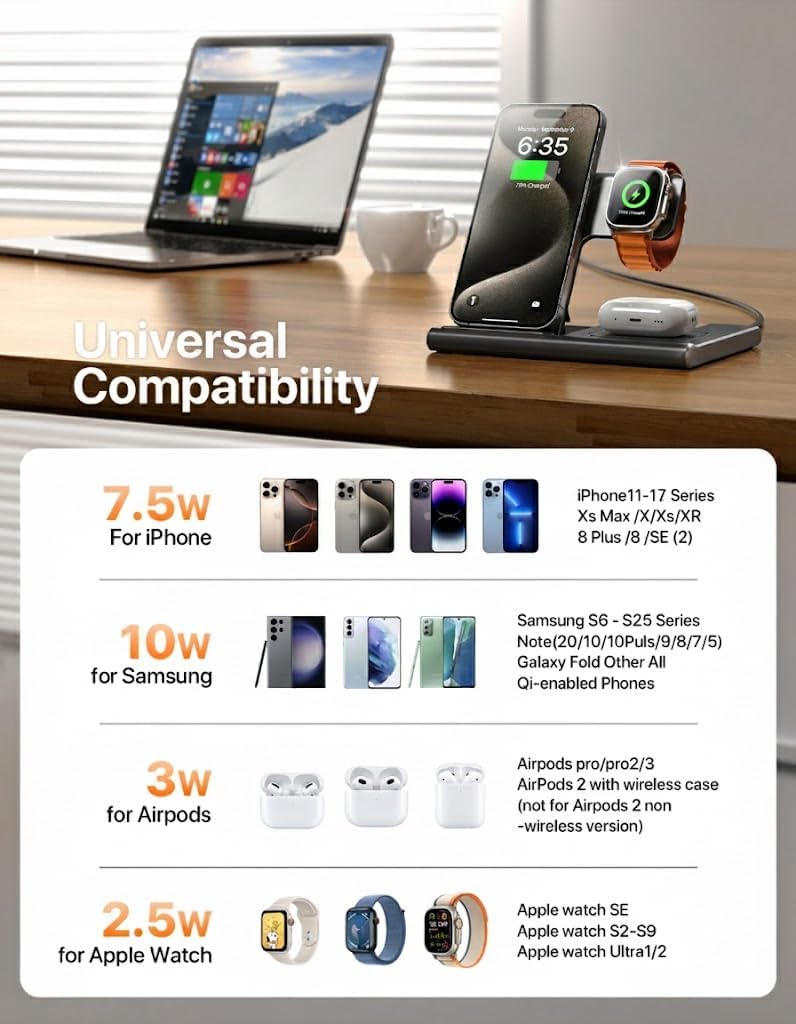 EXW 3 in 1 Induktive Ladestation,Wireless Charger für Apple Watch, iPhone Kompatibel mit iPhone 17 1