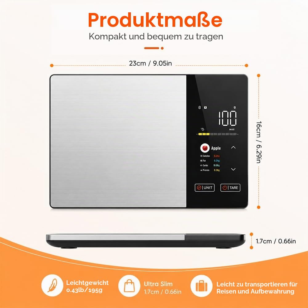 Küchenwaage Digital, SGZIOO Food Scale, Lebensmittelwaage mit TFT Farbdisplay Kalorienrechner Kosten