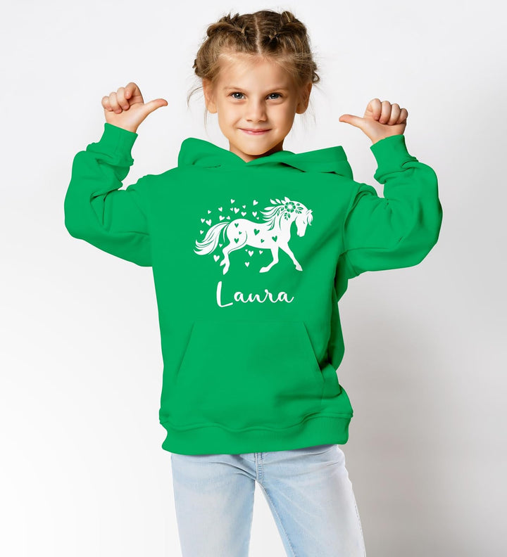 Kinder Hoodie Mädchen Pferde Herzen Motiv Mädchengeschenke mit Pferde Herzchen Print Pferd Blumen 5