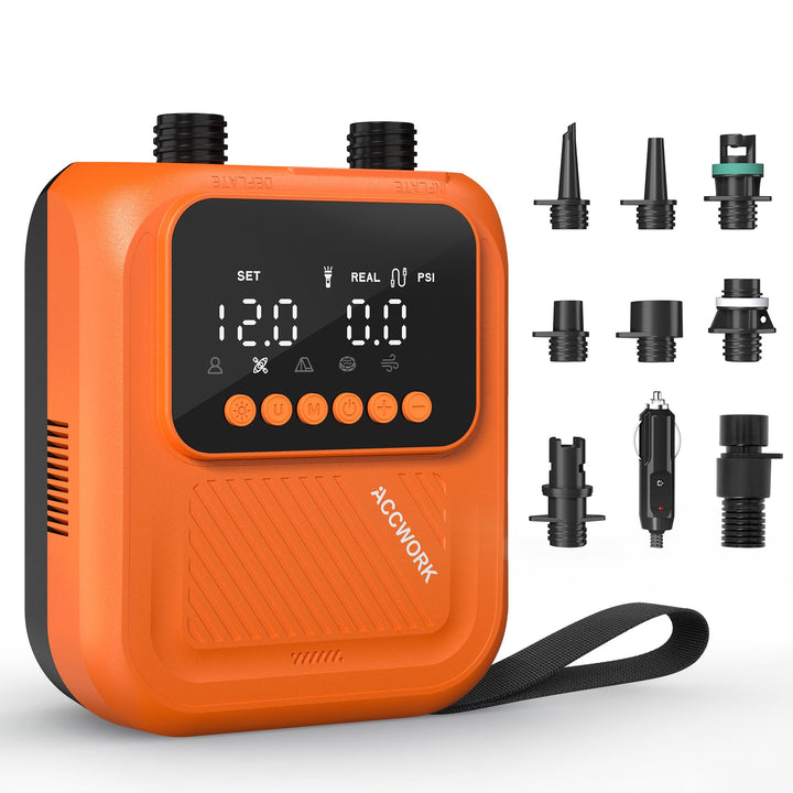 Accwork Elektrische SUP Pumpe 20 PSI ohne Akku, 12V DC Autoanschluss, Auto-Stopp, 2-stufiges Aufpump