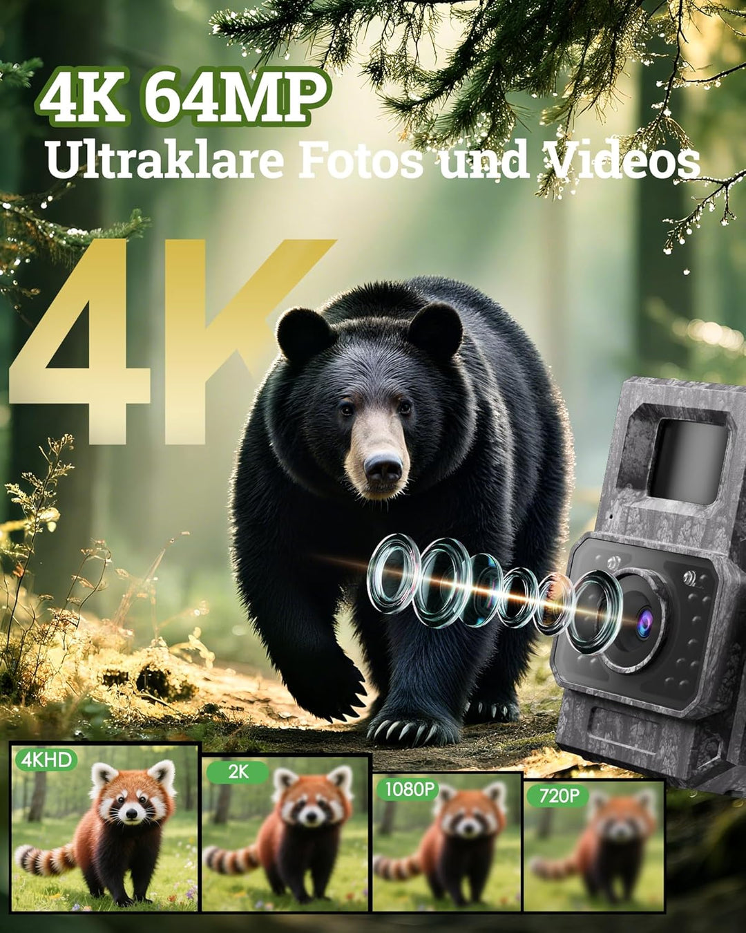 MAXDONE Wildkamera Solar WLAN mit Handyübertragung App - 4K 64MP Wildtierkamera Bluetooth mit Bewegu
