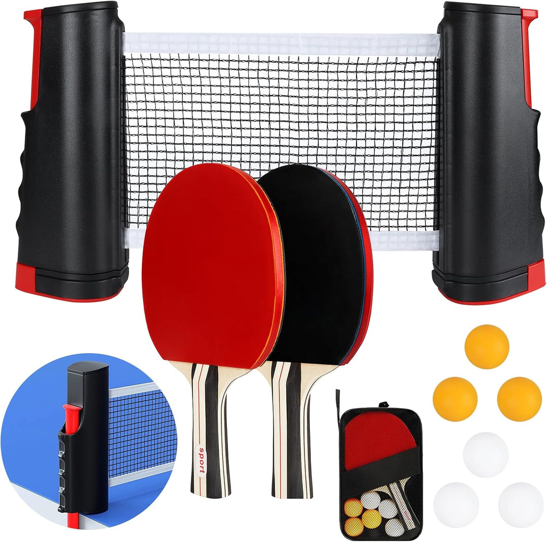 KIMIGO Tischtennisschläger Set,2 Schläger,6 Bälle,Einziehbares Tischtennisnetz und Tragetasche,Mobil