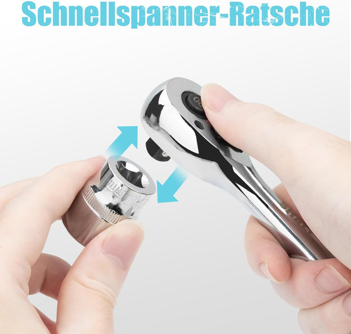 Shall 3 Stück Umschaltknarre | 1/4", 3/8", 1/2" 90-Zahn Ratsche mit Schnellspanner | Chrom-Vanadium-