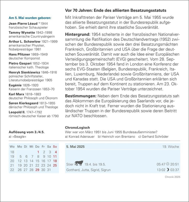 Chronik Tagesabreisskalender 2025 - Kulturkalender - Personen, Ereignisse, Schauplätze: Was geschah