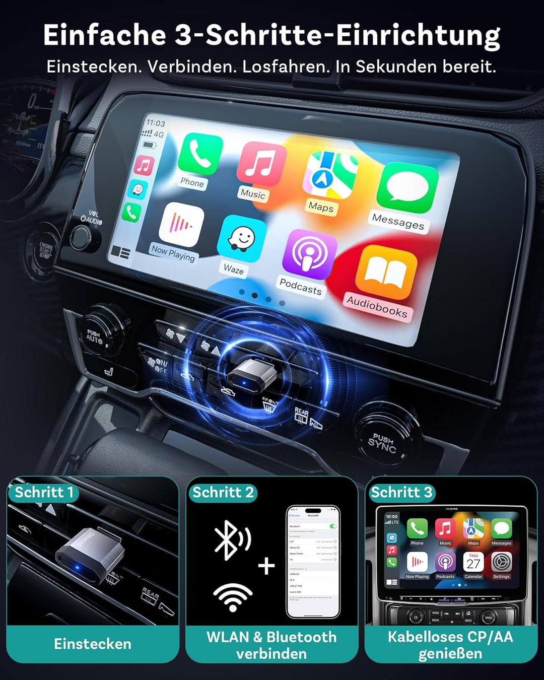 2026 Ottocast Mini Nova, Kabelloser CarPlay & Android Auto Adapter, Plug & Play USB, Automatische Ve