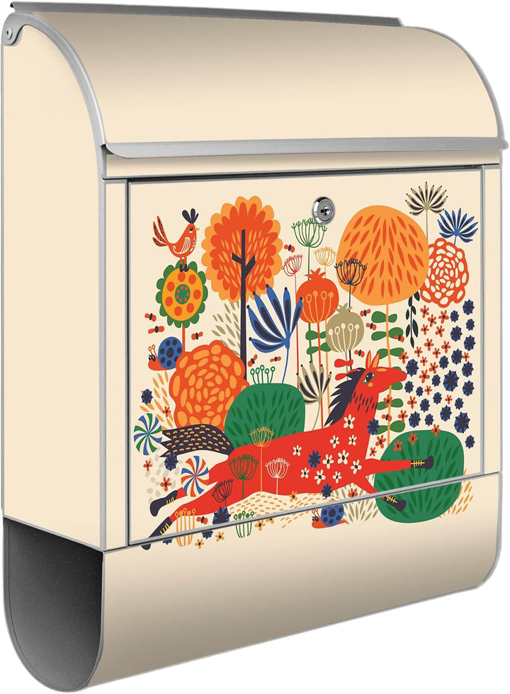 banjado® Design Briefkasten mit Motiv Rotes Pferd 39x47x14cm &amp; 2 Schlüssel - Briefkasten Stahl Silbe