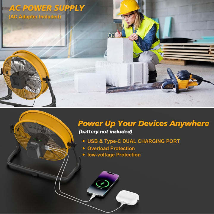 12 Zoll Akku Ventilator Kompatibel mit Dewalt 20V, Tragbarer Bodenventilator mit Netzteil & USB, Sta