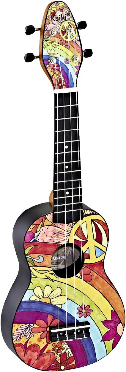Ortega Guitars Sopran Ukulele bunt - Keiki K2 - Starterkit inklusive Tuner, Gurt, 5 Medium Plektren