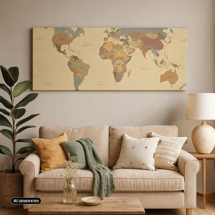 Panorama Bilder auf Leinwand 100x40cm Leinwandbild mit Rahmen Karte Welt Land Gross Wanddeko Bild Sc