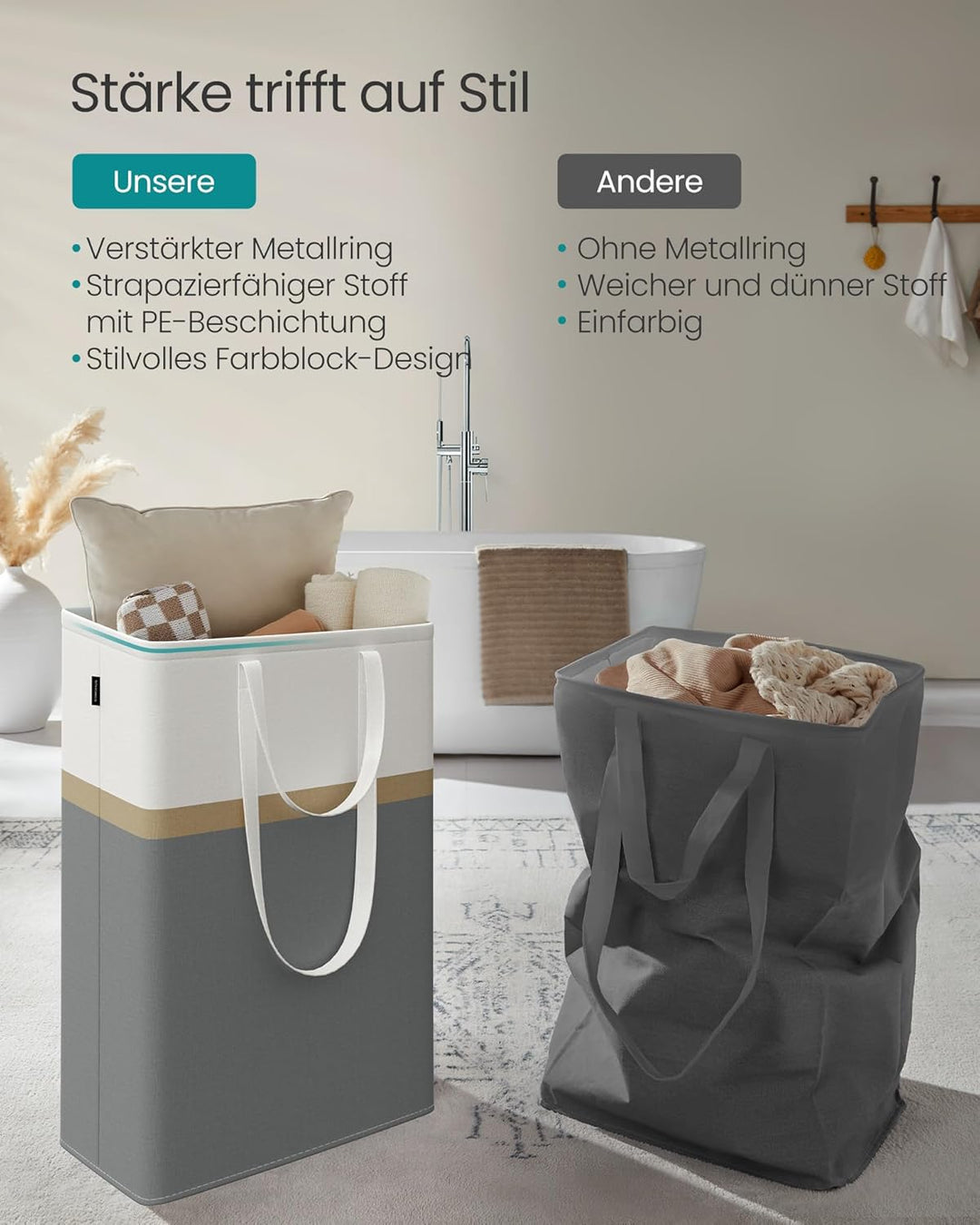 SONGMICS Wäschekorb 2er Set, 75 L Wäschesammler faltbar, mit kurzen und langen Griffen, leicht zu tr