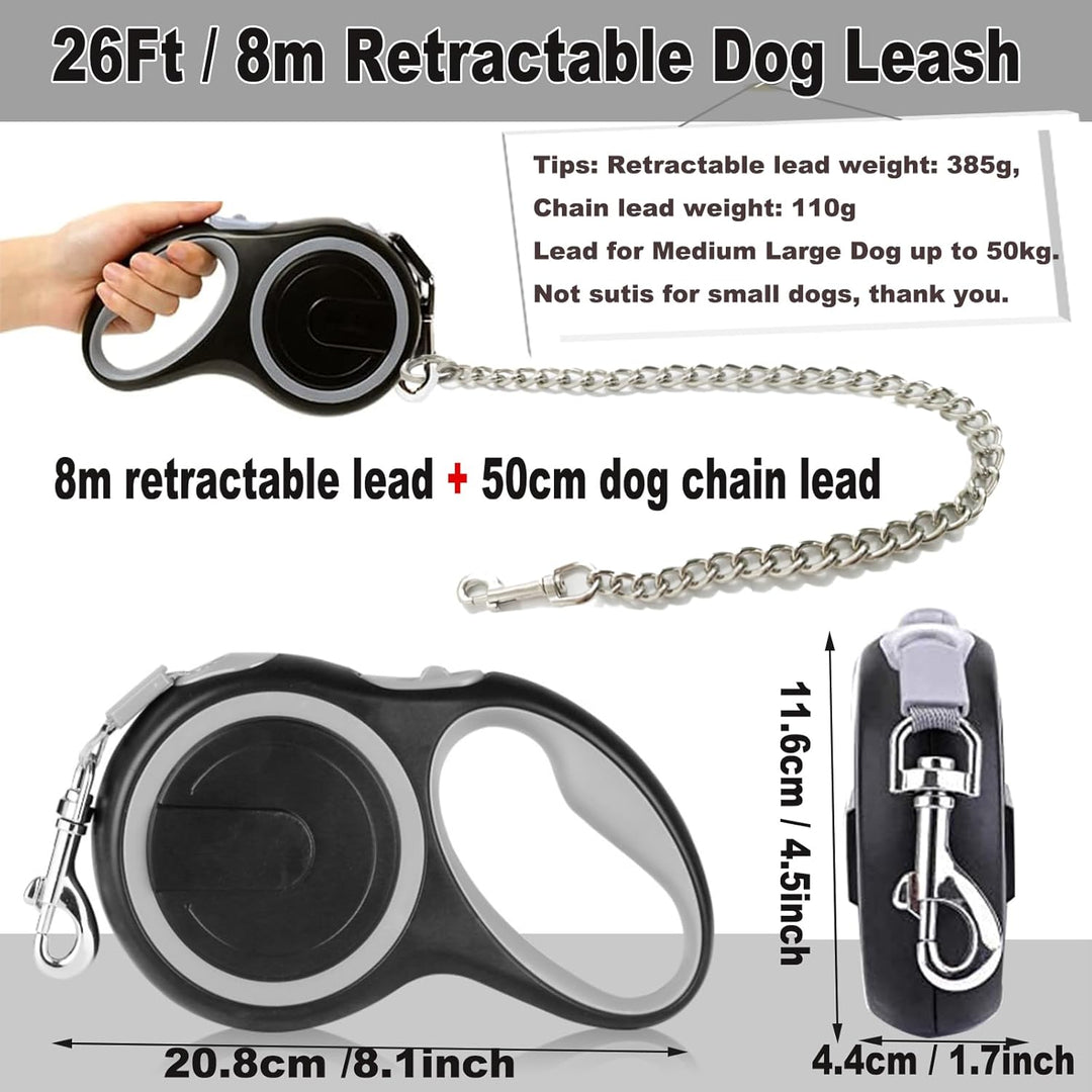 Ausziehbare Leine, 8 m, Nylon, mit kaufester Kette, strapazierfähig für mittelgrosse und grosse Hund