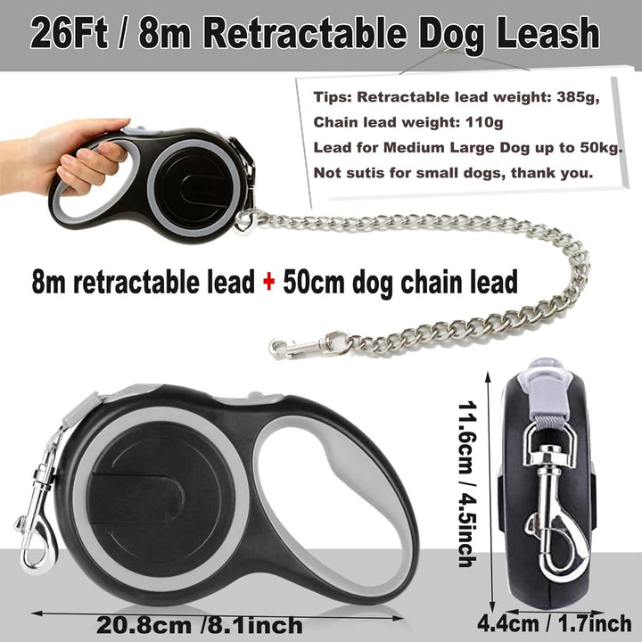 Ausziehbare Leine, 8 m, Nylon, mit kaufester Kette, strapazierfähig für mittelgrosse und grosse Hund