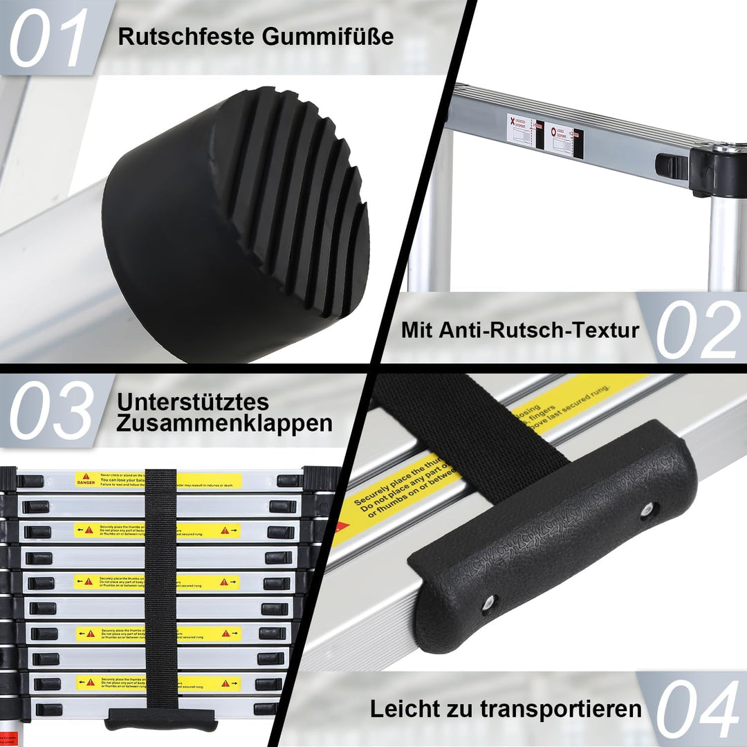 Fiqops 2,6 M Teleskopleiter, Rutschfester Aluminium Stehleiter 150 kg/330 Pfund, Belastbarkeit Auszi