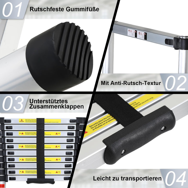 Fiqops 2,6 M Teleskopleiter, Rutschfester Aluminium Stehleiter 150 kg/330 Pfund, Belastbarkeit Auszi