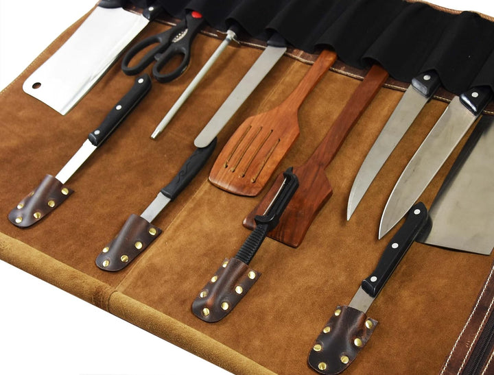 Ledermesserrolle Aufbewahrungstasche | Elastisch und erweiterbar 10 Taschen | Verstellbarer/Abnehmba