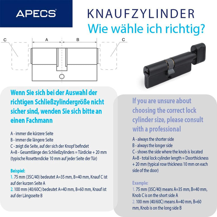 Knaufzylinder schwarz APECS Schliesszylinder mit Knauf Zylinderschloss 95 (40C/55) mm fur Türschloss
