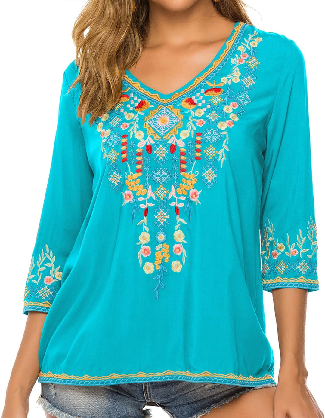 Vakakado Hippie Kleidung Damen Bohemian Folklore Stickerei Bluse 3/4 äRmel V Ausschnitt Tunika Somme