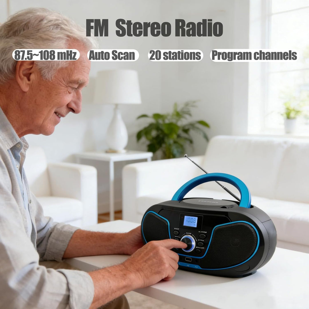 Tragbar CD Player Boombox Bluetooth - mit UKW Radio, USB Eingang & AUX & Kopfhörern Ports, 2 x 2 Wat