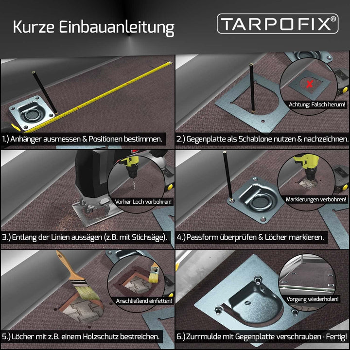Tarpofix® Anhänger Zurrösen mit Gegenplatten (6 Stück) | Robuste Zurrmulden mit Einer geprüften Zugk