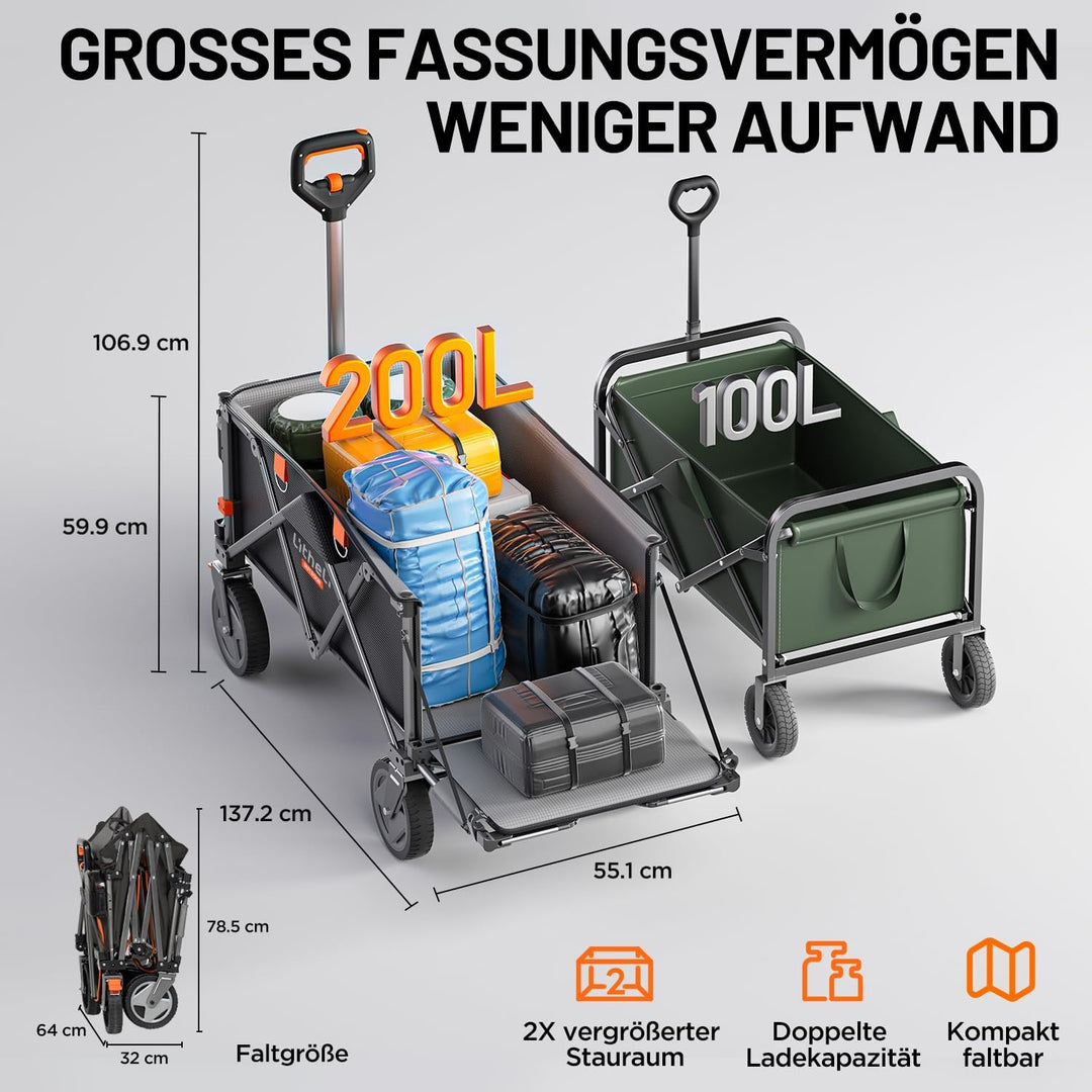 Litheli Elektrokarre Bollerwagen Faltbar, Handwagen Klappbar mit Bremsen 200L 60KG Belastbar, Faltbo