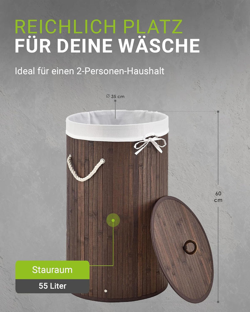 Juskys Bambus Wäschekorb Curly-Round Braun 55L - Hygienischer & Faltbarer Wäschekorb mit Deckel, Tra