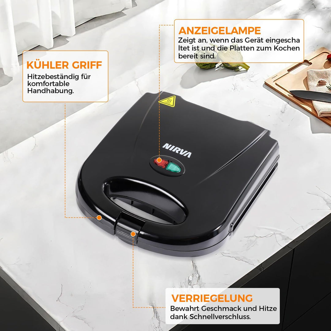 Nirva Doppel Sandwichmaker - 750 W, BPA-frei & Antihaftbeschichtung, klassische Streifenform für 2 S