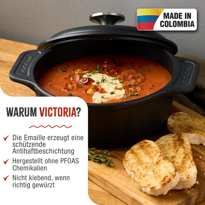 Victoria Dutch Oven Gusseisen Emailliert, Induktion 20cm, Topf Brot Backen 1,9 L, PTFE und PFOA Frei
