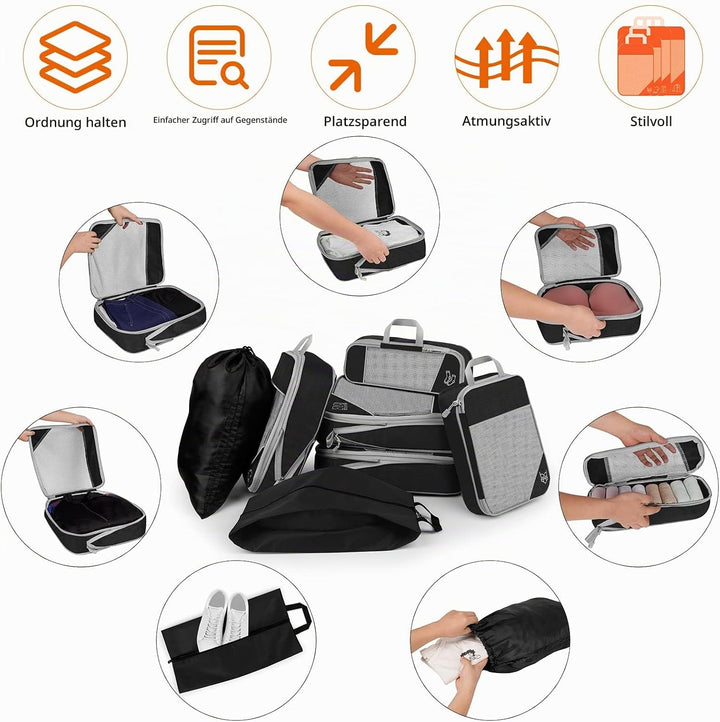 Koffer Organizer Set 7-teilig, Packtaschen mit Kompression, Compression Packing Cubes für Rucksack u