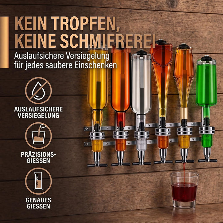Bar-Butler zur Wand-Montage, 6-Fach Flaschen-Halter mit 4cl-Dosierer Getränkespender für Schnaps & W