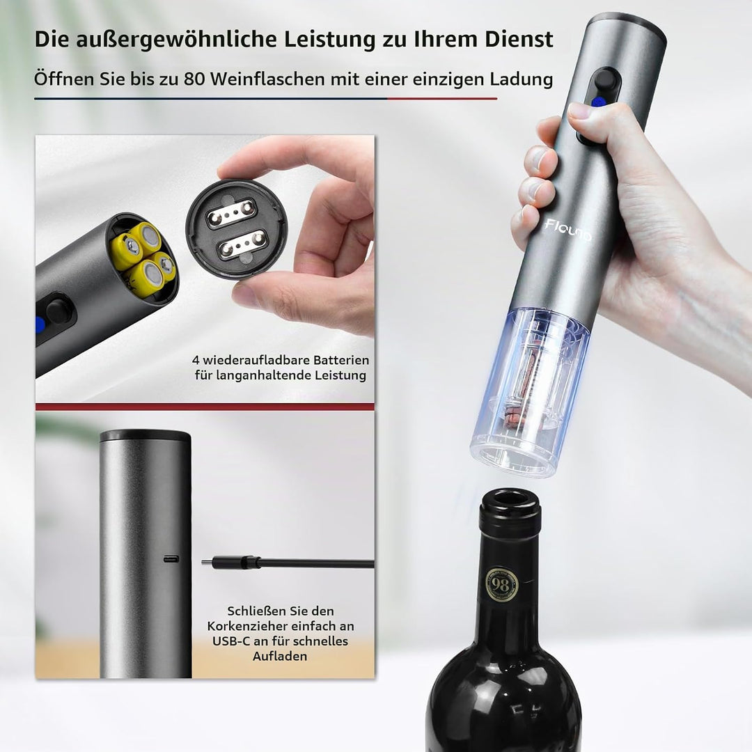 Flauno Elektrischer Korkenzieher, kabellos, professionell, automatischer Weinöffner mit Papierschnei