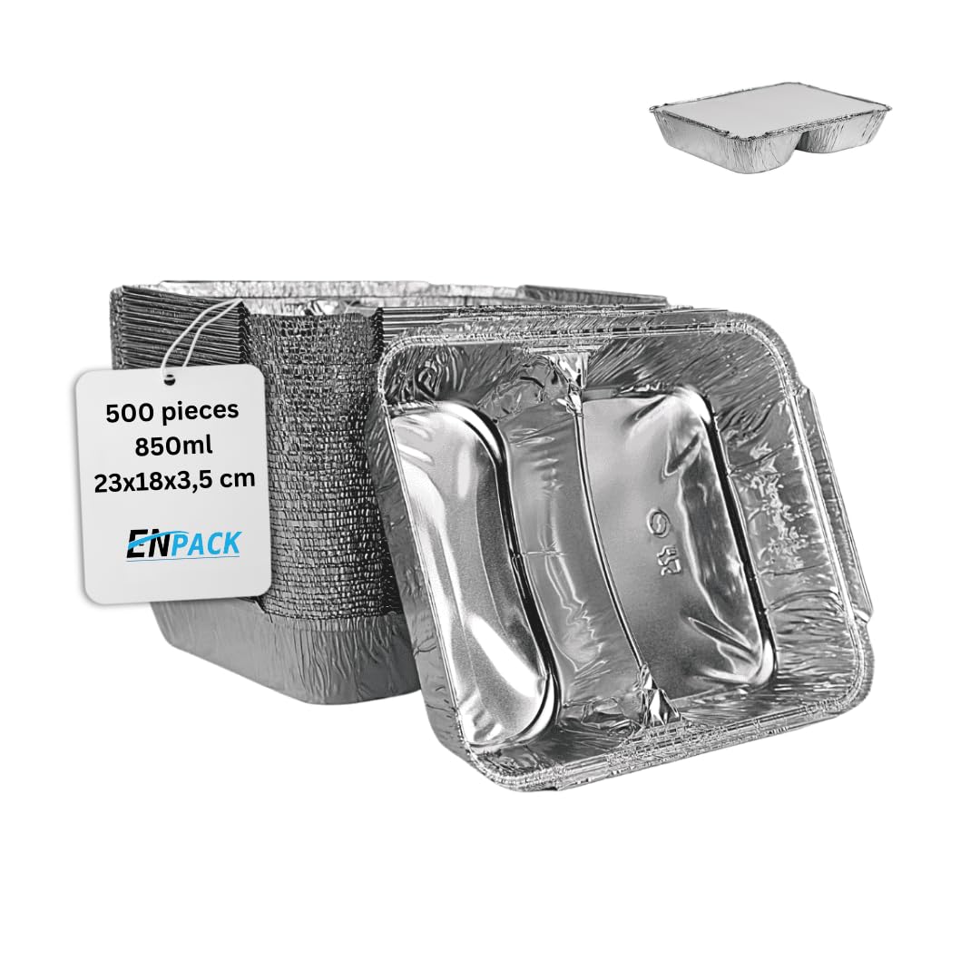 Enpack 500 Stück Aluminiumschale mit Einlegedeckel 1020L - Zweigeteilte Menüschale - 1020 ml Füllmen