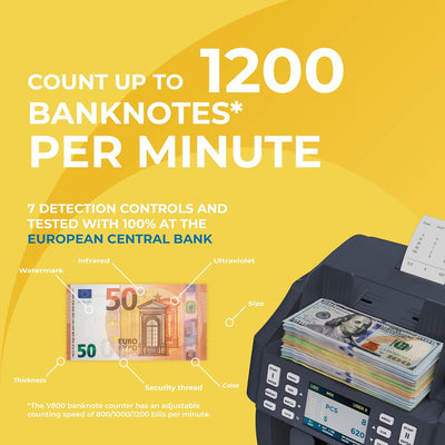 Detectalia V800 Banknotenzähler und Sortiergerät EUR, GBP, USD, CHF, MAD, Integrierter Thermodrucker