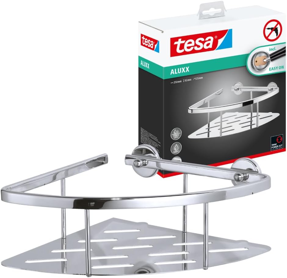 tesa ALUXX Eckablage für die Dusche, Aluminium, verchromt, rostfrei, inkl. Klebelösung, tiefer Boden