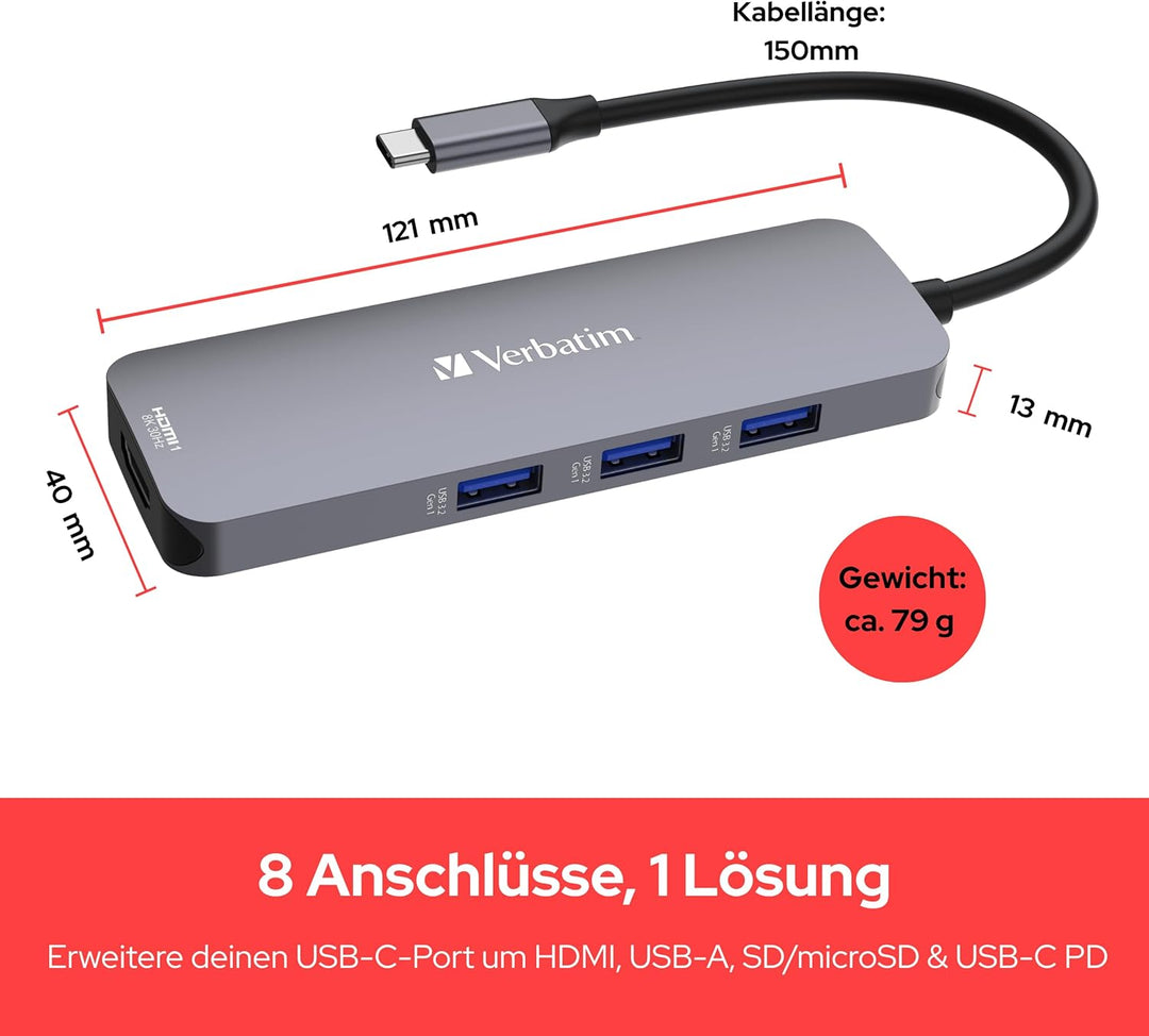 Verbatim USB-C Pro Multiport Hub 8-in-1, Multiport Adapter USB-C auf HDMI, USB-A und USB-C PD, micro