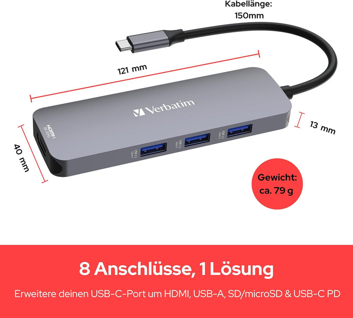 Verbatim USB-C Pro Multiport Hub 8-in-1, Multiport Adapter USB-C auf HDMI, USB-A und USB-C PD, micro