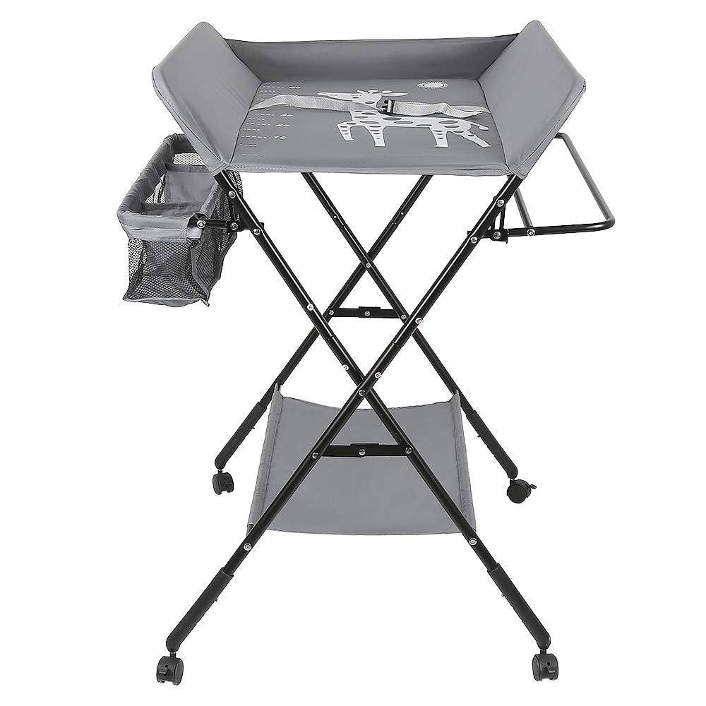 Baby Wickeltisch Klappbar, Höhenverstellbare Wickelkommode mit Sicherheitsgurt und Stauraum, Tragbar