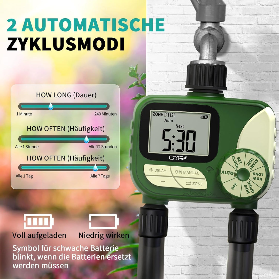 Bewässerungscomputer 2 Ausgänge, Bewässerungsuhr mit Regenverzögerung/manueller/automatischer Funkti