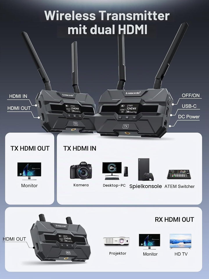 Lemorele Wireless HDMI Transmitter and Receiver mit 2 * 4400mAh Batteries, 200M FHD Drahtloses Video