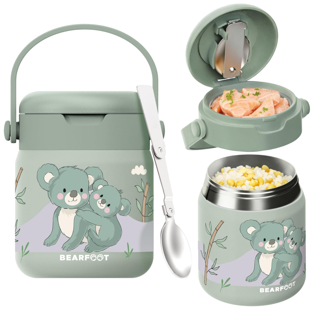 BEARFOOT Kinder Thermobehälter Edelstahl 500ml, BPA-frei (Koala - Grün) | Auslaufsicher, mit faltbar