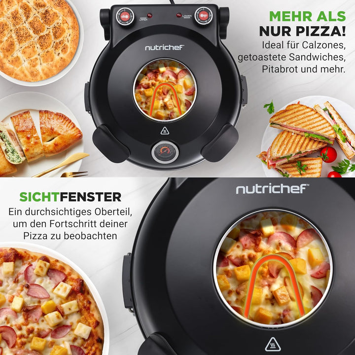 NutriChef Pizzaofen Elektrisch mit 30cm Stein, Pizza Maker bis 426°C, 1200W mit Sichtfenster, Ober-/