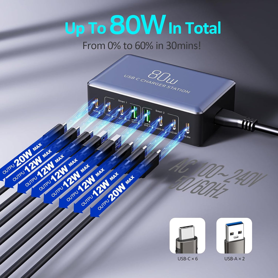 KitBox Mehrfach USB C Ladegerät Handy Schnellladegerät 70W Multi Ladestation mit 6* USB-C und 2* Min