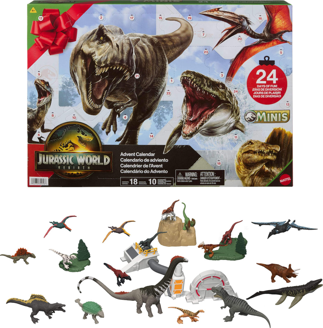 Mattel JGB67 - Jurassic World - Adventskalender - 24 Überraschungen - 18 Dinosaurier Figuren & Zubeh