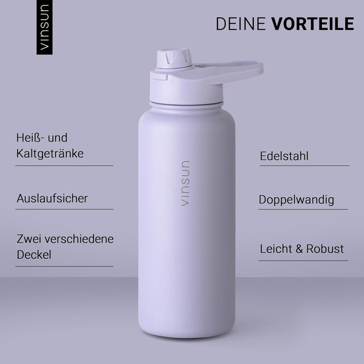 Vinsun Thermoflasche lila 750ml inkl. 2 Deckel - Strohhalm &amp; Trinköffnung Lila 750 ml, Lila 750 ml