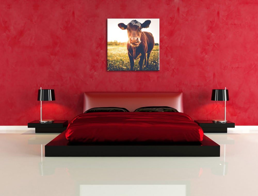 Pixxprint Kuh auf Butterblumenwiese als Leinwandbild/Grösse: 70x70 cm/Wandbild/Kunstdruck/fertig bes