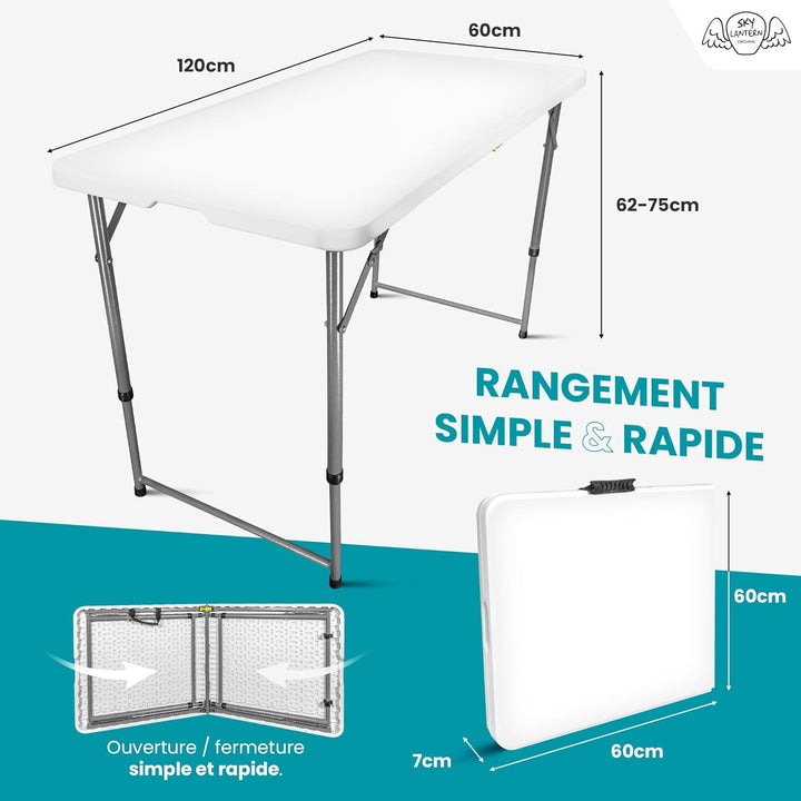 SKYLANTERN Klapptisch, 120 cm, rechteckig, weiss, höhenverstellbar, Campingtisch, 6 Personen, L 120