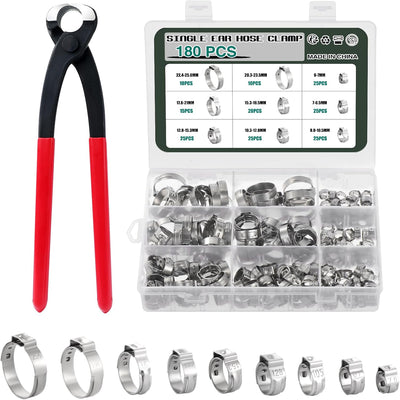 Knpwer 180 Stück 304 Edelstahl Einzelohr Stufenlos Schlauchschellen Set,6-25.6mm 9 Grössen Crimp Sch