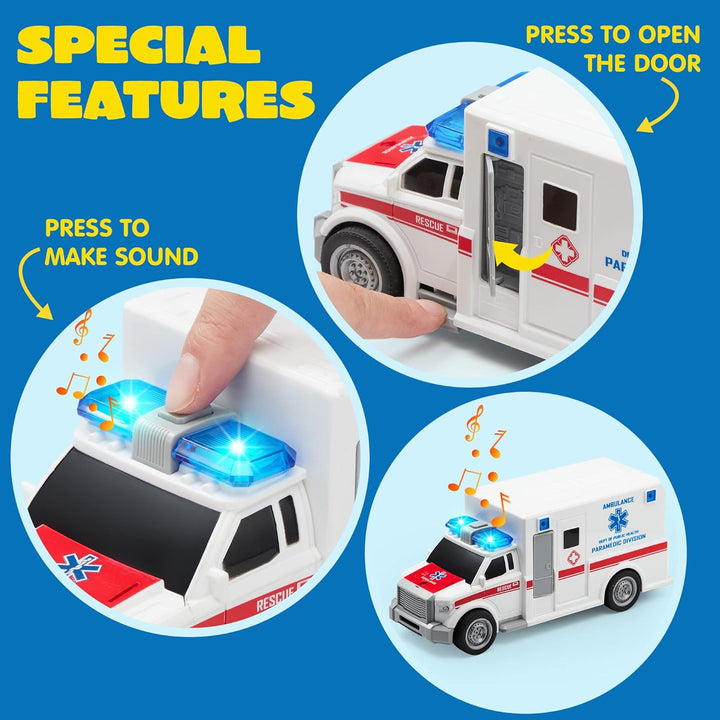 JOYIN 4er Pack Reibungsgetriebenes City Hero Spielzeug mit Feuerwehrauto, Krankenwagen, Polizeiauto