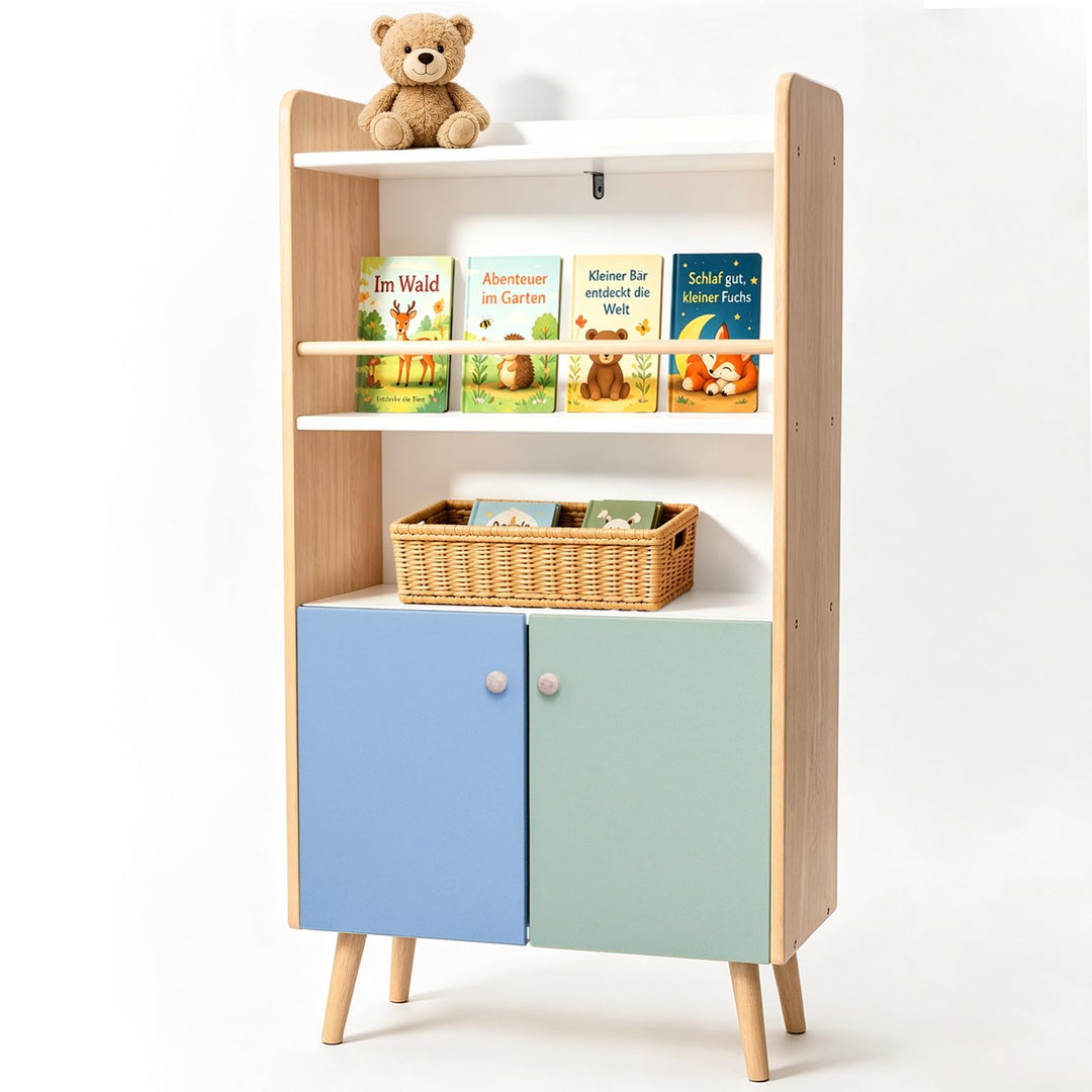 ALVIX Montessori Kinderregal mit 2 Türen und frontaler Buchablage | Bücherregal für Kinder, Spielzeu