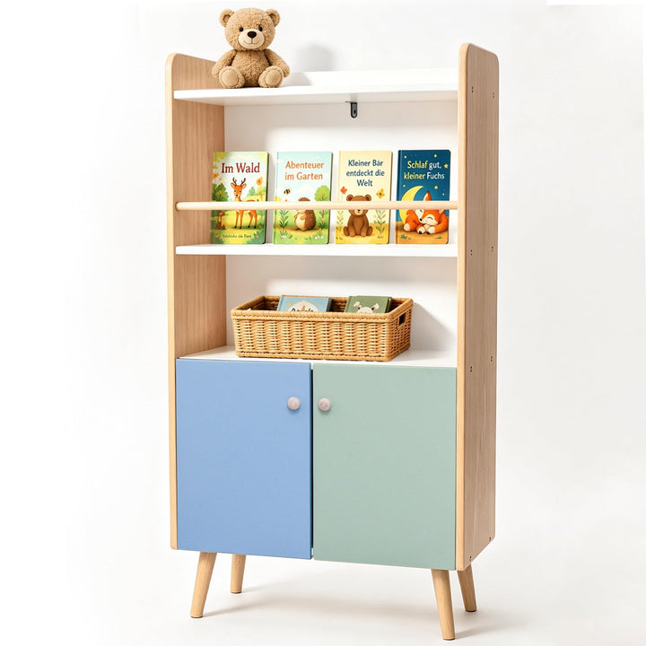 ALVIX Montessori Kinderregal mit 2 Türen und frontaler Buchablage | Bücherregal für Kinder, Spielzeu